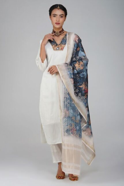 White Silk Embroidered Designer Suit Set