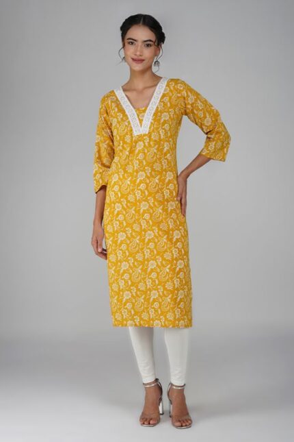 Yellow Cotton Floral Printed Kurti
