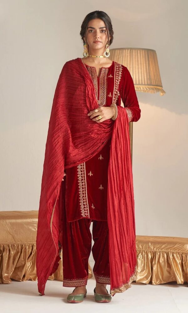 Woman's designer suit red velvet colour