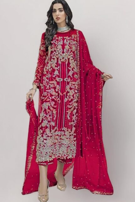 Woman's hand embroidery dark pink designs suit