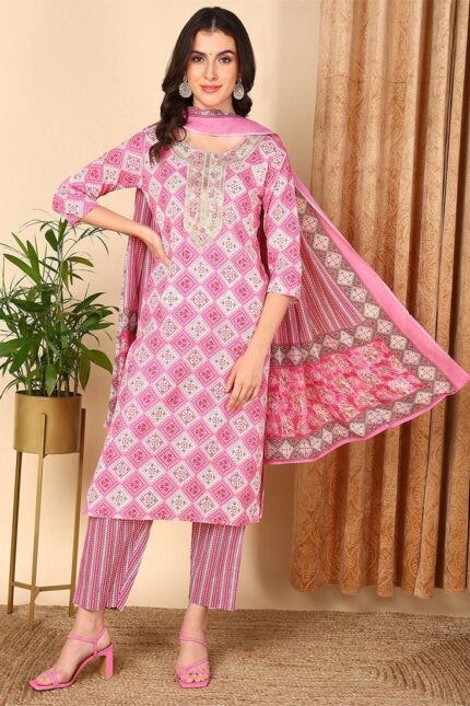 Women's straight pure cotton suit pink colour