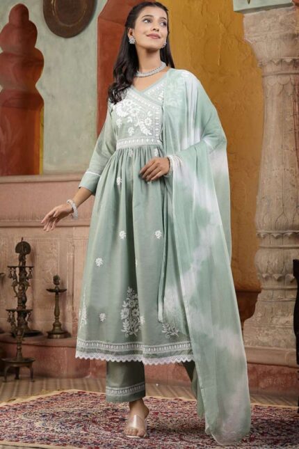 Women's thread embroidered cotton silk trouser suit