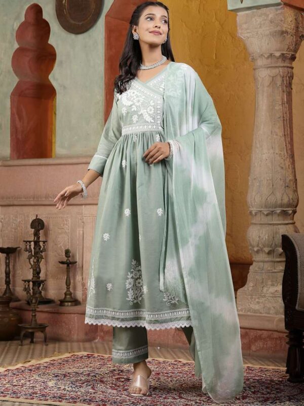 Women's thread embroidered cotton silk trouser suit